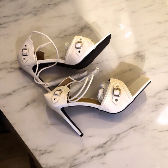 Free Gift With Purchase-White square toe silver buckle ankle strap heel - Picture 6 of 8